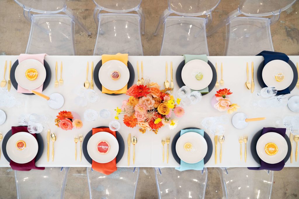 Modern color blocking table design for contemporary wedding