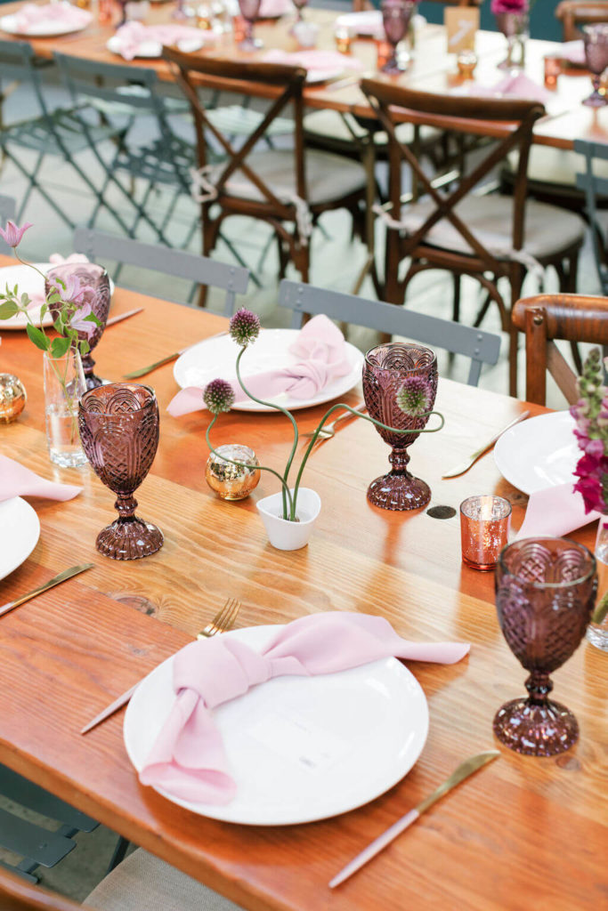 Mauve and pink modern wedding place setting in Los Angeles