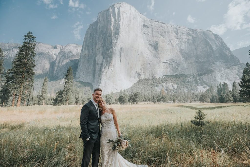 Bride and groom elopement in Yosemite in front of El Capitan