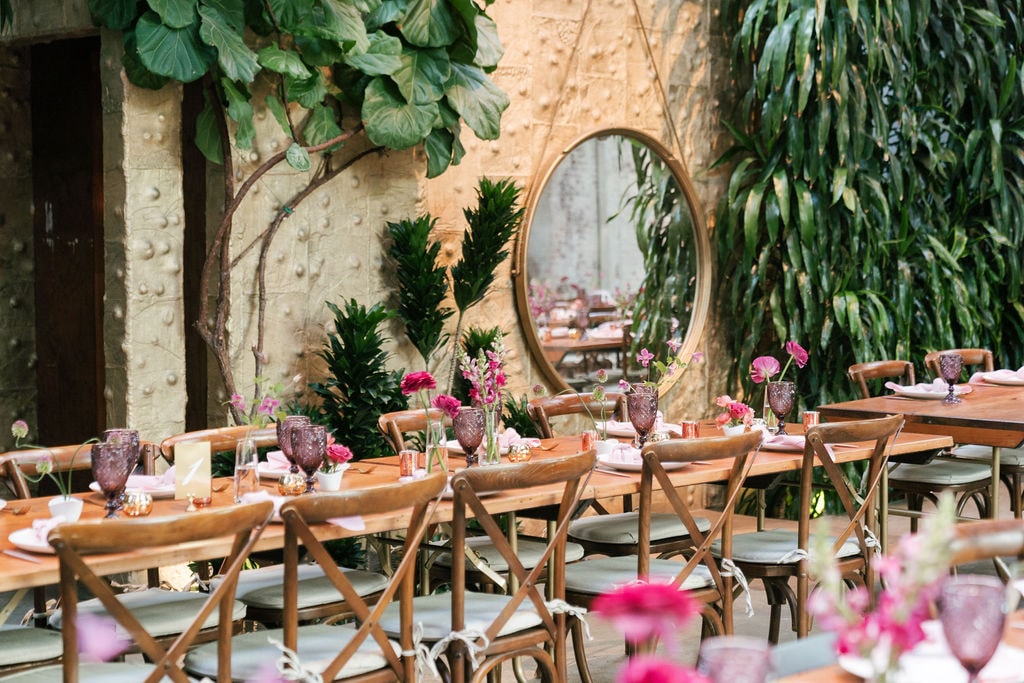 Modern and playful Los Angeles wedding reception with purple colors