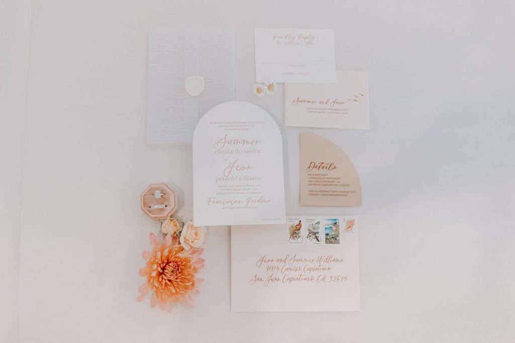Modern peach wedding invitations for outdoor wedding in California