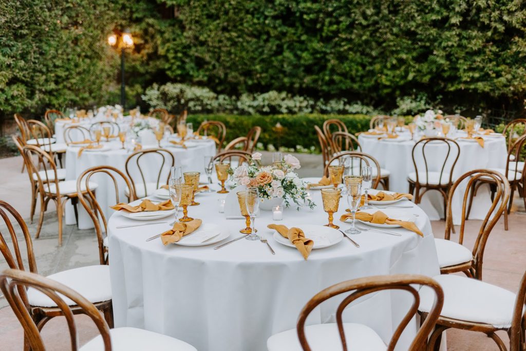Outdoor wedding reception as Franciscan gardens venue