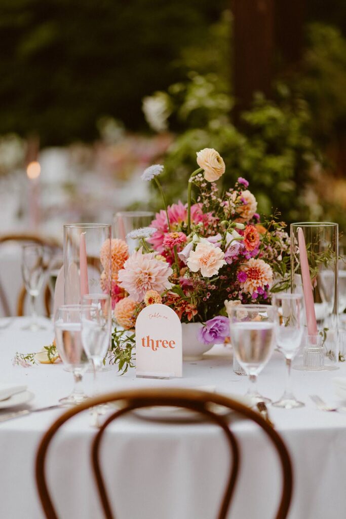 Colorful peach and lavender floral centerpiece 