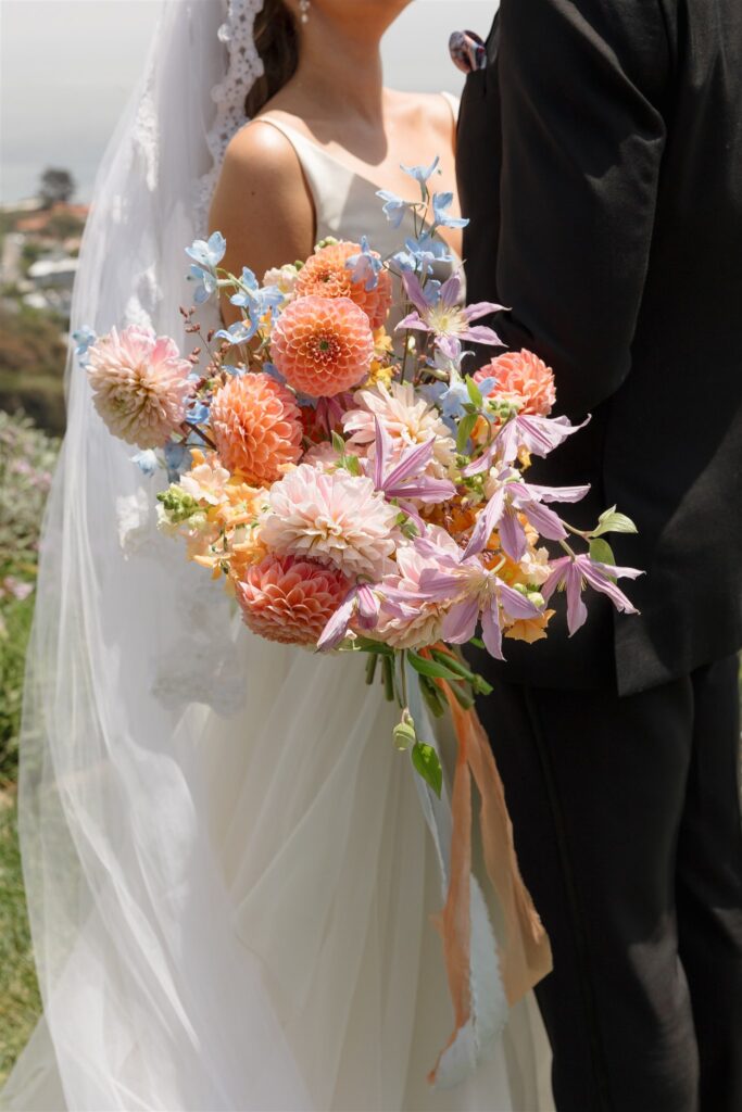 close up of bridal bouquet designed by urban marigold with dahlias 